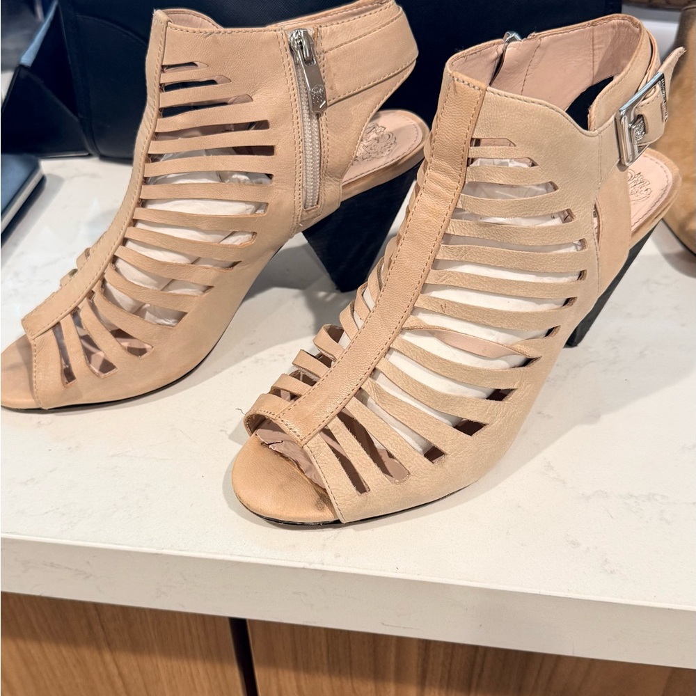 Vince Camuto Beige Strappy Cutout Peep-Toe Heels